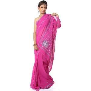    Hot Pink Sari with Cyan Sequins   Georgette 