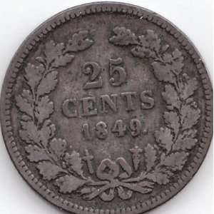  1849 Netherlands Silver 25 Cent Piece 