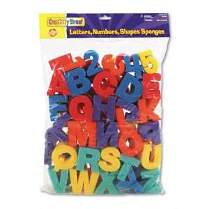   Kid friendly paint sponge set includes letters, numbers and assorted