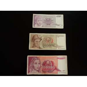  Yugoslavia Bank Notes 50, 20,000 and 100,000 Dinara Notes 