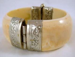Vintage Ox Bone Silver Tone Thick Bangle Bracelet Made In India Pin 