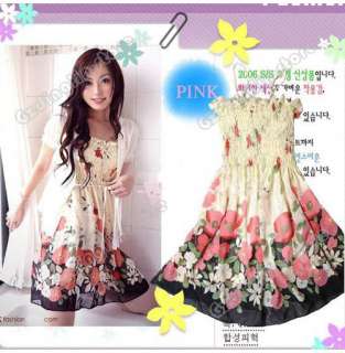 Lady Elastic Waist Tunic Blouse Floral Strap Dress #030  