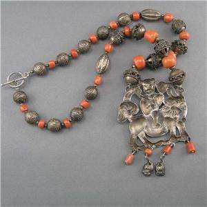 Antique Red Coral and Antique Chinese Silver Chi Lin Necklace  