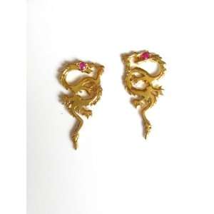  Dragon Earrings in 18k Yellow Gold with Ruby Eyes Jewelry