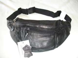 Black Leather Waist Pouch 5 Pocket Adjustable Fanny Bag  