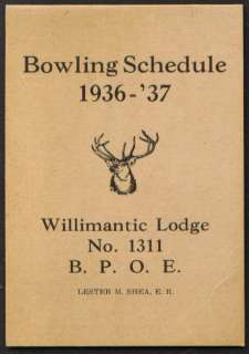 BPOE Elks Willimantic Bowling Schedule 1936 37 CT  