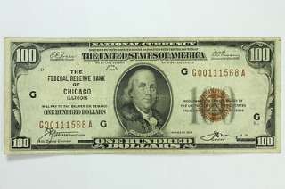 1929 One Hundred Dollar $100 Bill Federal Reserve Bank Chicago Note 