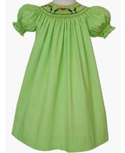 Hand smocked baby girl picnic summer apple green cotton bishop dress 