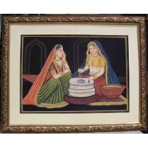  Lady crushing wheat in traditional Chakki, Paper Painting 