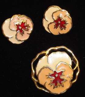 Vintage 1980s Enameled Pansy Flower Brooch & Earrings  