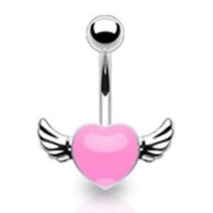 Pink Heart Belly Button Navel Ring with Angel Wings and Surgical Steel 