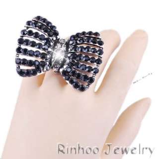 Bowknot Black Rhinestone Crystal Oversize Stretch friendship Ring