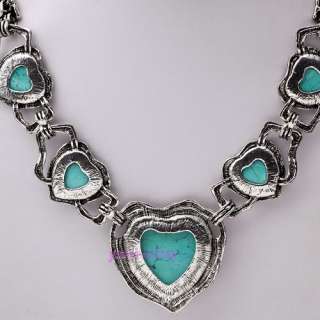 Tibet silver 5 HEART turquoise bead chain gem necklace  