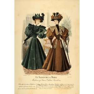  1895 Victorian Lady Winter Dress Coat Hats Lithograph 
