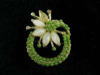 Vintage Gold Lily Green Stone Faux Pearl Pin Brooch  