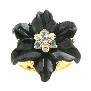 14K Yellow Gold Exotic Carved Blossom Ring with Diamonds Multi Black 