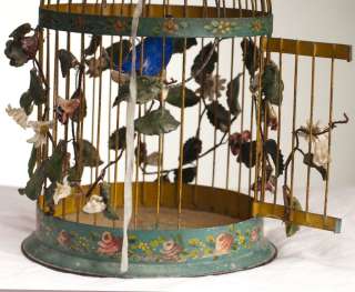 Rare Wonderful Antique German birdcage for doll room   wax flowers 