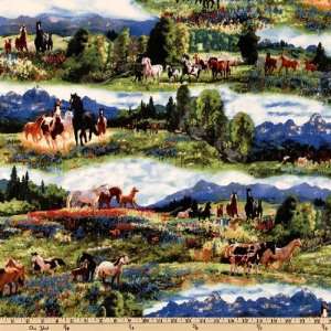  44 Wide Wild In Bloom Hillside Horses Blue Fabric By The 