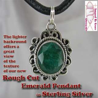 Sterling Silver Genuine Rough Cut Emerald Scroll Pendant/Necklace 