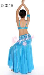   Light blue belly dance costume 3 pics bra belt skirt 36D 38D  