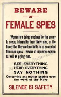 Beware Female Spies WW1 Espionage Warning Poster 24x38  