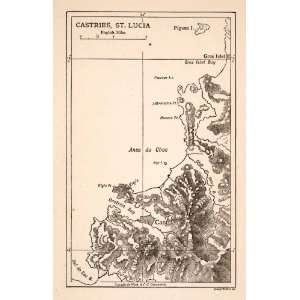 1925 Wood Engraving Castries Santa Lucia Gros Islet Anse Choc Bay Map 