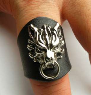 TER104 Silvertone Angry Wolf Black leather Ring Size 10 Punk Biker 
