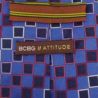 BCBG Blue Lilac Rose Burgundy Squares Handmade Tie EXC  