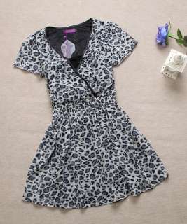 Asian Sizes L 3XL Womens V neck Leopard Short Sleeve Chiffon Dress 