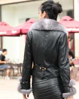 2011 Winter Fashionable Fox Hair Lapel Short Sheepskin Coat Black M L 