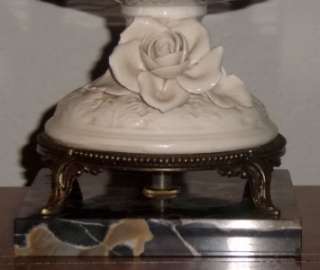 Italian 1930s 1940s White Ceramic Table Lamp Vintage Floral Marble 
