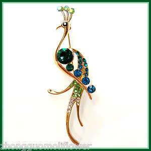 Blue Crystal Peacock Peahen Bird Crystal Feather Pin Brooch BH7322 