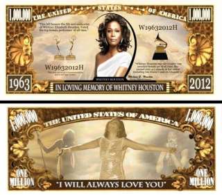 Whitney Houston Commemorative Million Dollar Bill (W/Protector)  