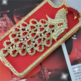 iPhone 4G 4Gs 4S Red Leather Peacock Diamond Rainstone Bling Case 