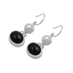   Silver Earrings Black Onyx / Mabe Pearl Fish Wire Earring Jewelry