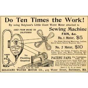  1893 Ad Bolgiano Water Motor Co. Sewing Machine Fan 