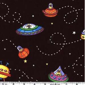  45 Wide Alien Invasion Spaceships Black Fabric By The 