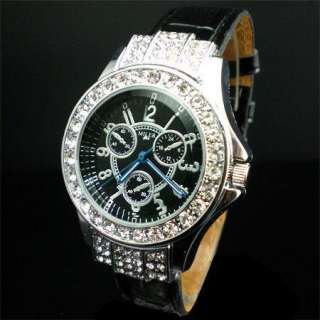 Trendy Black Leather Bling Crystal Rhinestone Lady Wrist Watch 