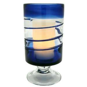  Blue Venezia Footed Hurricane Glass Flameless Timer Candle 