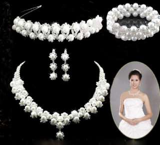 FAUX PEARL BRIDAL WEDDING PARTY JEWELLERY NECKLACE EARRING TIARA 