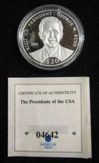 2000 SILVER $20 George W. Bush coin   ** COA **  (.999 PURE SILVER 