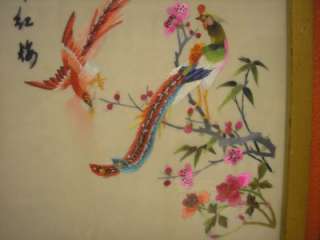 HAND EMBROIDERED JAPANESE FRAMED BLOCK BIRD PICTURE 3  