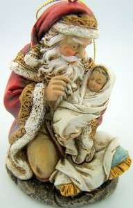 Kneeling Christmas Santa Statue Tree Ornament Figure With Infant Baby 
