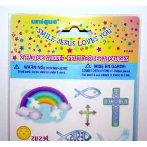 28 Religious Temporary Tattoos Smile   Jesus Loves You 2 Sheets Party 