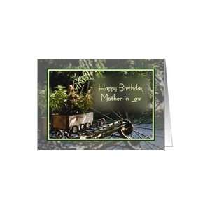 Happy Birthday mother in law, antique hay rake with planter box Card