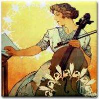 Alphonse Mucha Woman Cellist Ceramic Art Tile Coaster  