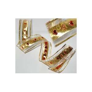  Gold Shiny Wired Ribbon with Red Hearts 1.5 inch Arts 