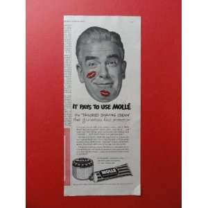 Molle shaving cream.1950 print ad (man/lipstick).) Orinigal Magazine 
