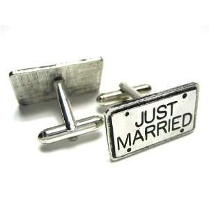    Silver Just Married License Plate Wedding Cufflinks Jewelry