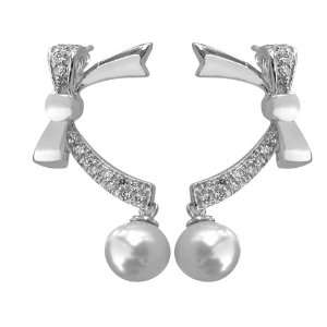 Bow Tie Sterling Silver CZ Earrings with Cultured Pearl